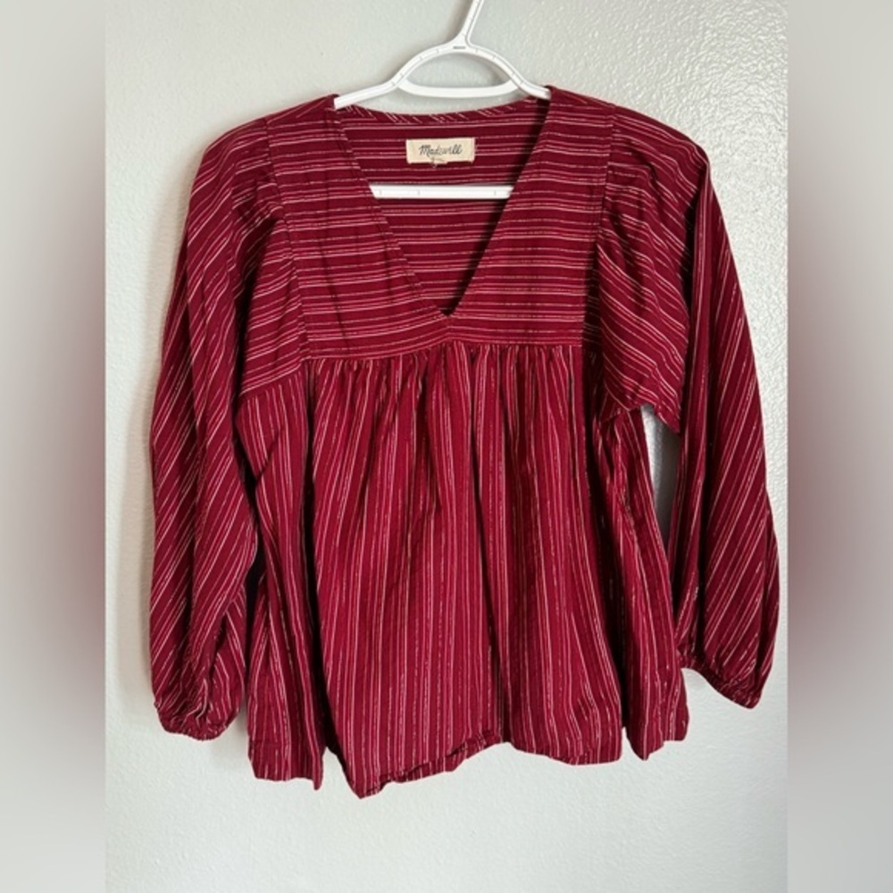 Madewell Swingy Peasant Top Metallic Stripes Burgundy Top XS
